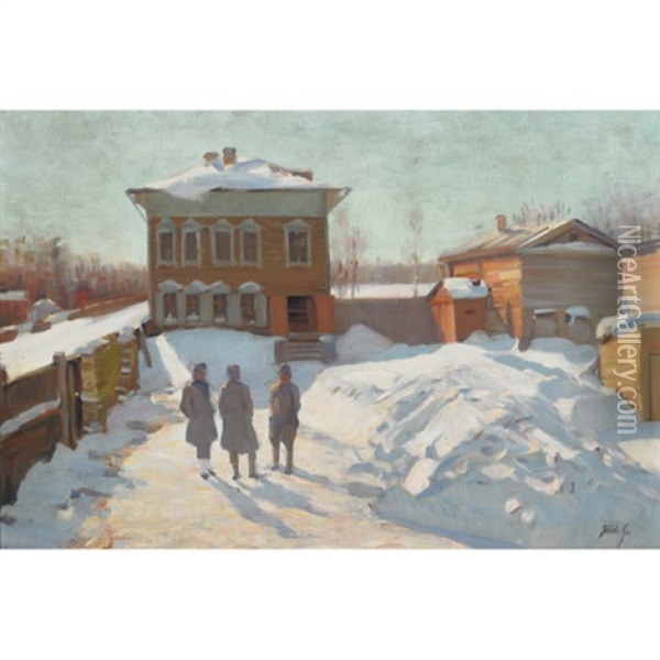 Officers In A Compound, Winter Oil Painting - Geza Hodi