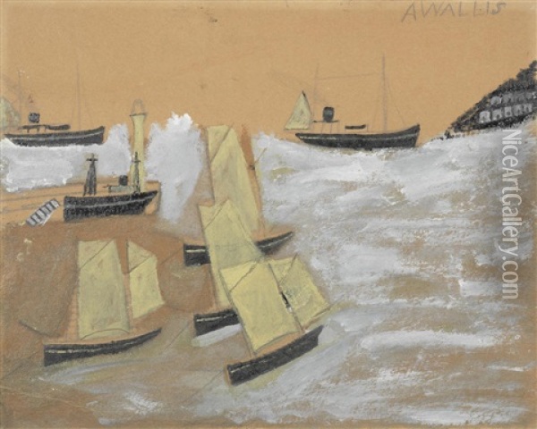 Boats In A Harbour Oil Painting - Alfred Wallis