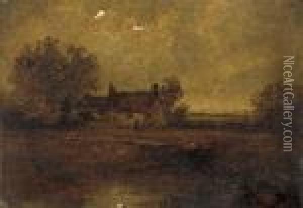 Figures By A Pond Before A Cottage Oil Painting - Benjamin Williams Leader