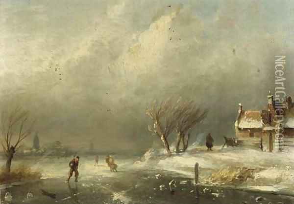 Figures skating on a frozen waterway on a windy day Oil Painting - Charles Henri Leickert