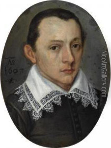 Portrait Of A Young Man, Head And Shoulders, In A Black Robe With A White Lace Collar Oil Painting - Lorenz Strauch