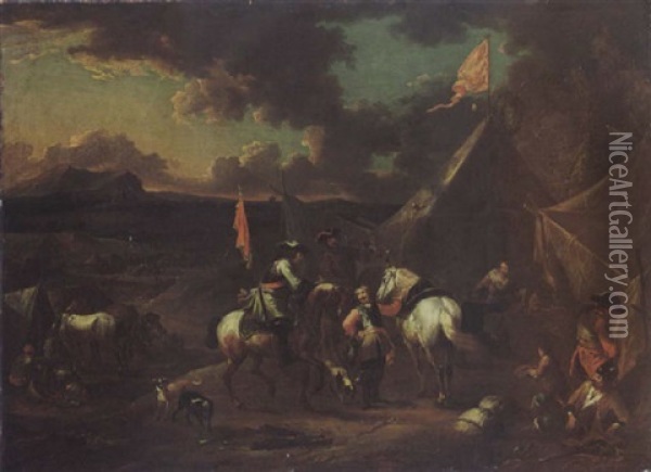 Soldiers And Horsemen Halted And Resting At A Military Encampment Oil Painting - August Querfurt