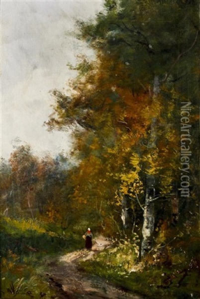 On A Sandy Path In Autumn Oil Painting - Theophile De Bock