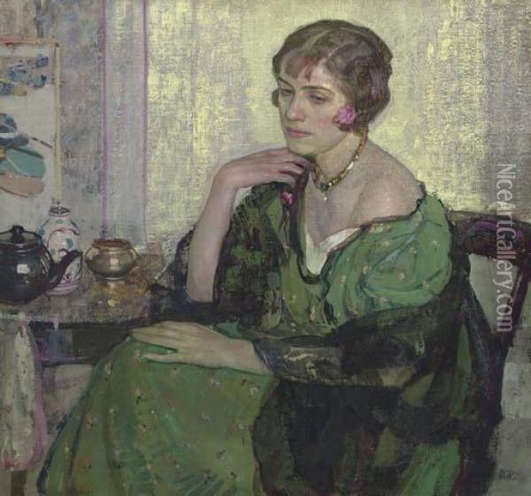 Woman In A Green Dress Oil Painting - Richard Emile Miller