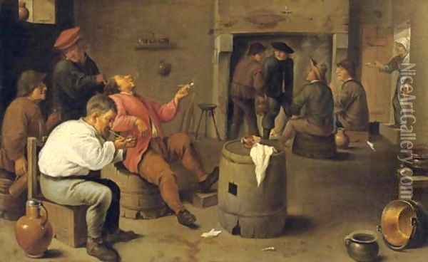 Boors smoking and drinking in an interior Oil Painting - David The Younger Teniers