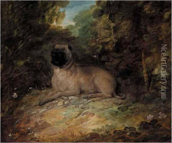Portrait Ofa Pug Belonging To Jonathan Spilsbury, In A Landscape Oil Painting - Thomas Gainsborough