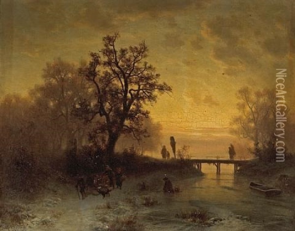 A Winter Landscape At Sunset With Figures Oil Painting - Heinrich Hofer