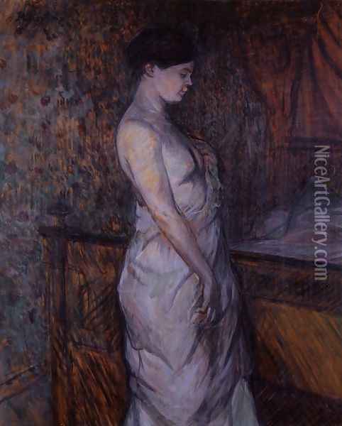 Woman in a Chemise Standing by a Bed Oil Painting - Henri De Toulouse-Lautrec
