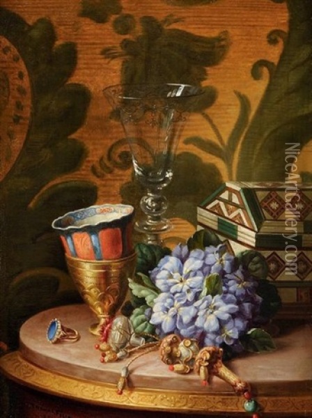 Nature Morte Au Coffret, Au Verre Et Bouquet De Violette Oil Painting - Felix Thomas
