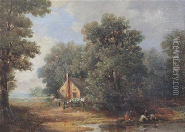 Landscape With Children Playing Beside A Pond Oil Painting - James Stark