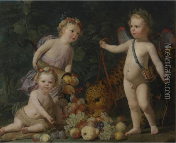 Three Children With Fruit And A Jaguar Oil Painting - Gerrit Van Honthorst