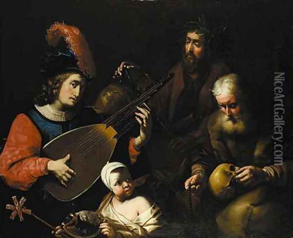 A young man playing a theorbo-lute Oil Painting - Nicolas Tournier