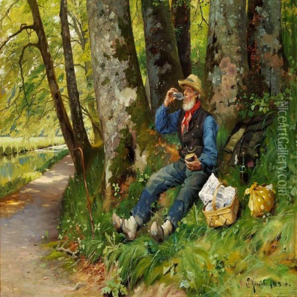 Lunch Break In The Forest Oil Painting - Peder Mork Monsted