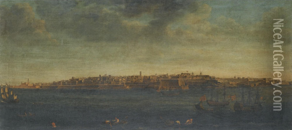 Views The Grand Harbour At Valletta And Environs Comprising Oil Painting - To Alberto Pullicino