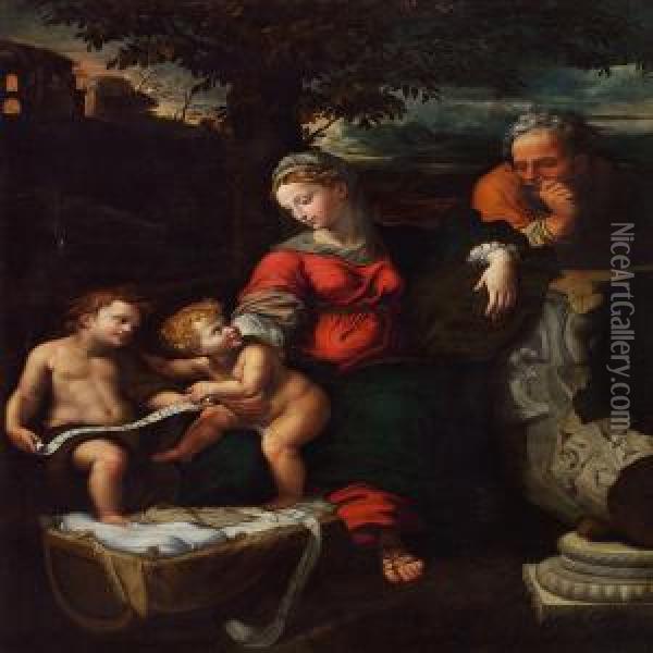 The Holy Family With The Infant St.john The Baptist Oil Painting - Giulio Romano