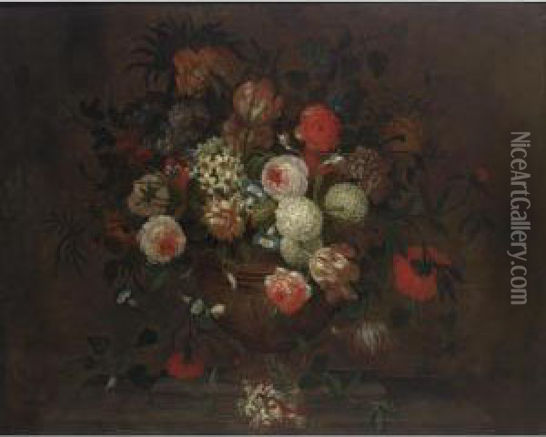 A Still Life With Roses, 
Daffodils, Snowballs, An Imperial Crown, Tulips, Morning Glory, 
Honeysuckle And Other Flowers, All In A Earthenware Vase On A Stone 
Ledge Together With A Butterfly Oil Painting - Simon Hardime