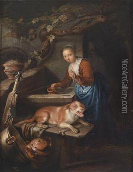 A Young Woman And A Dog By A Well Oil Painting - Gerrit Dou