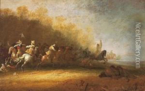 Attributed: A Battle Scene With Horses And Riders. Signed J Oil Painting - Jan Jacobsz. Van Der Stoffe