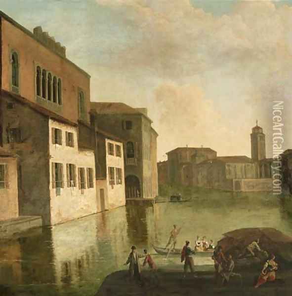 Venice, a view of the Fondaco dei Turchi, the canal of the Canareggio with the church and campanile of San Geremia in the distance Oil Painting - Johann Richter