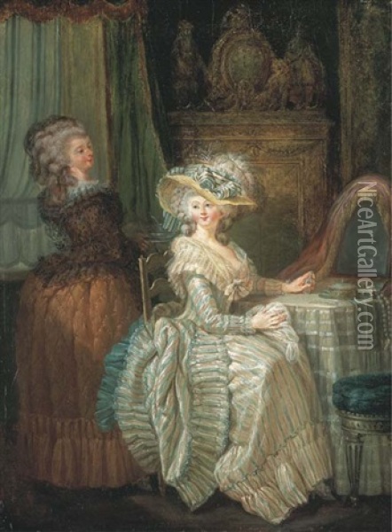Dame Elegante A Sa Table De Toilette Avec Une Servante Oil Painting - Nicolas-Rene Jollain the Younger