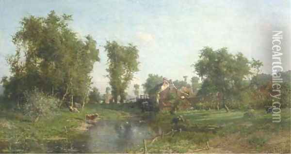 Summer landscape with cows grazing by a watermill Oil Painting - Isidore Verheyden