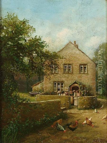 A Country House With Figures Outside, Chickens In The Foreground; And A Companion Oil Painting - Frank B. Jowett