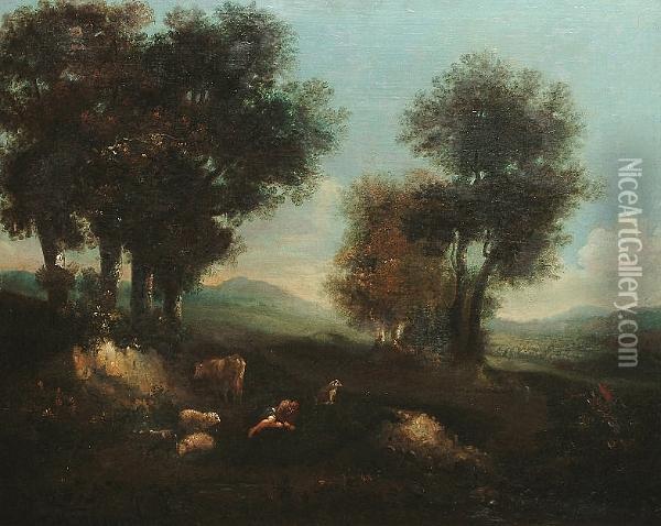 A Pastoral Landscape With A Shepherd Resting Oil Painting - Francesco Zuccarelli