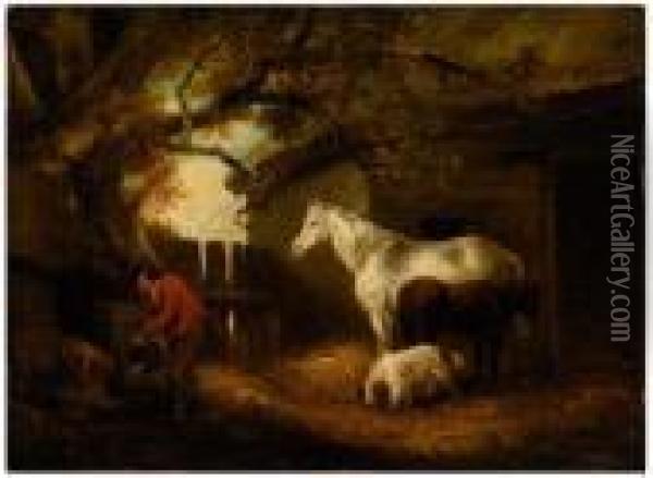 Farmer Watering Pigs In A Barnyard With Horses And Dog Oil Painting - George Morland