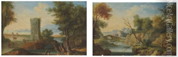 Cavalier Au Pied D'une Tour Pres D'un Fleuve (+ Couple Pres D'un Pont; Pair) Oil Painting - Norbert Joseph Carl Grund