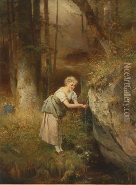 Young Woman At A Mountain Spring. Oil Painting - Anton Dieffenbach