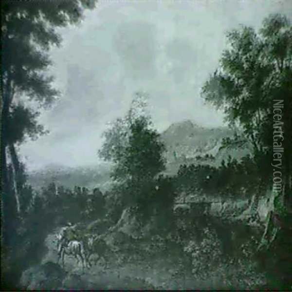 Horsemen Leading Their Pack Animals Along A Riverside Path  In An Extensive Landscape Oil Painting - Frederick De Moucheron