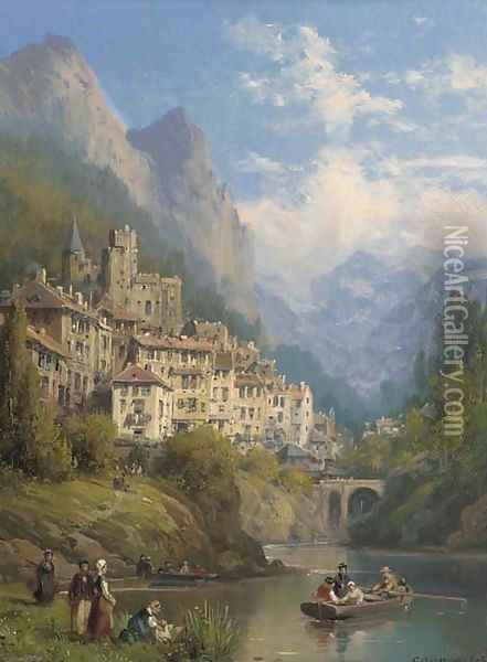 A lakeside town in Piemonte Oil Painting - Charles Euphraisie Kuwasseg