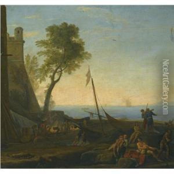 A Coastal Scene By A Harbour With A Boat And Figures In Theforeground Oil Painting - Adriaen Manglard