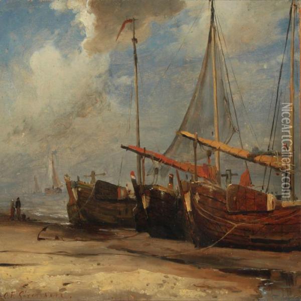 A Dutch Beach Scenery With Boats Oil Painting - C. F. Sorensen
