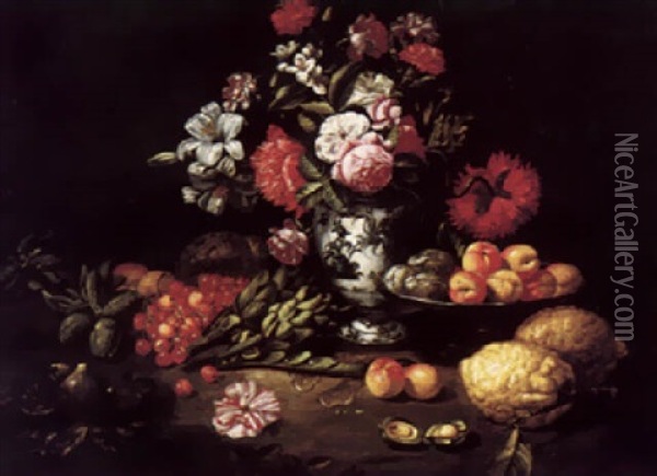 A Still Life Of Flowers And Fruit Oil Painting - Bartolommeo Bimbi
