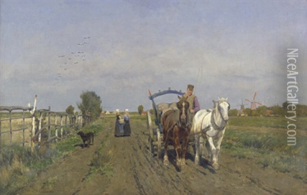 Feldweg Mit Jungen Bauern Auf Einem Pferdefuhrwerk, Im Hintergrund Zwei Bauernmagde Oil Painting - Frans Van Leemputten