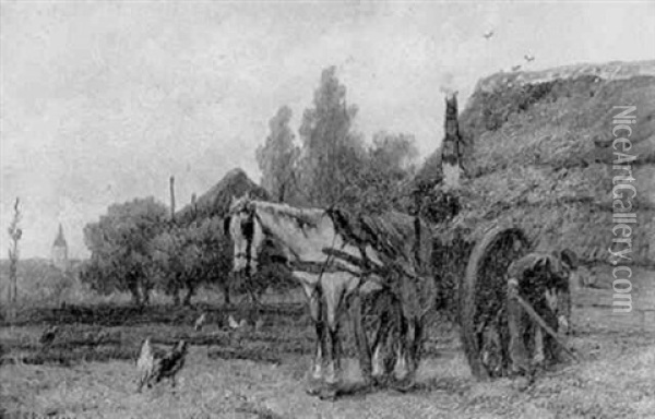 A Peasant Loading A Horse-drawn Cart By A Farm Oil Painting - Johannes Hermanus Barend Koekkoek