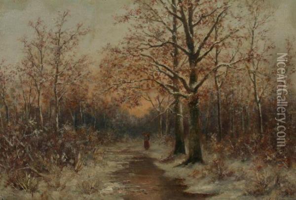 Reisigsammlerin Auf Verschneitem Waldweg Oil Painting - Franz Josef Georg Illem