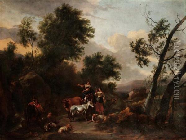 Paesaggio Italianizzante Con Animali E Pastori Oil Painting - Nicolaes Berchem