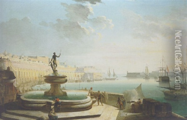A View Of Valetta Harbour, Malta, From The Neptune Fountain, An English Man-o'-war Moored Beyond Oil Painting - Giorgio Pullicino