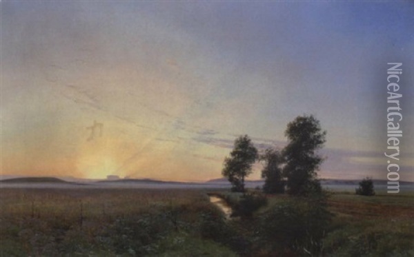 Solnedgang Over Marklandskab Med Traeer Ved En A Oil Painting - Janus la Cour