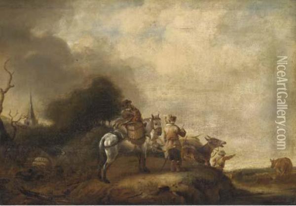A Landscape With Travellers Halted On A Track Oil Painting - Pieter Wouwermans or Wouwerman