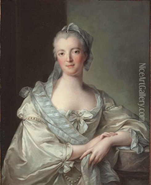 Madame Dupleix De Bacquencourt, Nee Jeanne-henriette De Lalleu (with Studio) Oil Painting - Jean Marc Nattier