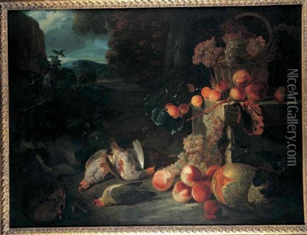 Nature Morte Au Panier De Raisins, Abricots, Peches Et Perdrix Sur Fond De Paysage Oil Painting - Alexandre Francois Desportes