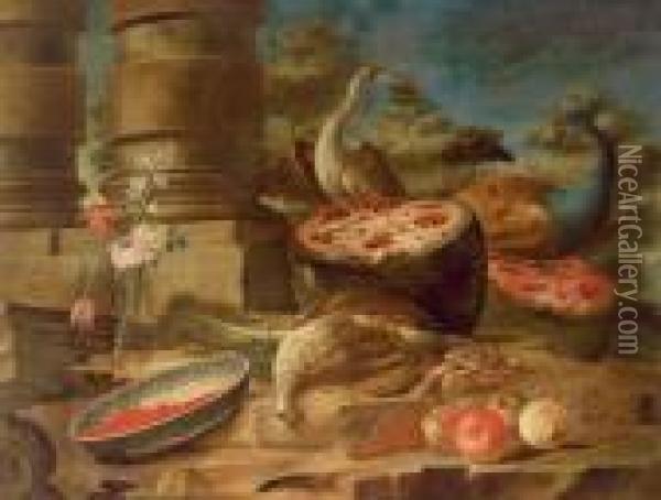Natura Morta Di Frutta E Uccelli In Un Giardino Oil Painting - Felice Rubbiani