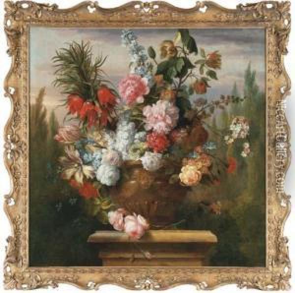 A Crown Imperial Lily, Tulips, 
Peonies, Roses, Morning Glory Andother Flowers In An Sculpted Urn On A 
Plinth In A Garden Oil Painting - Jakob Bogdani Eperjes C