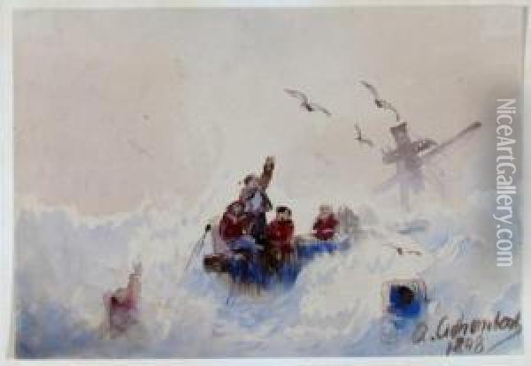 Fischerboot Im Sturm. Oil Painting - Andreas Achenbach
