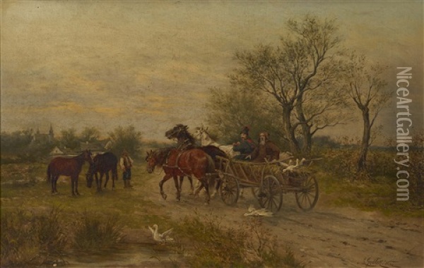 Pferdefuhrwerk Auf Der Landstrase Oil Painting - Ludwig Gedlek