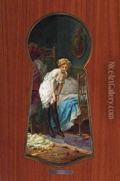 A Boudoir Scene, Through The Keyhole Oil Painting - Hans Zatzka