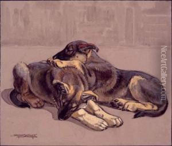 Deux Chiens Bergers Couches Oil Painting - Eugene Cartier